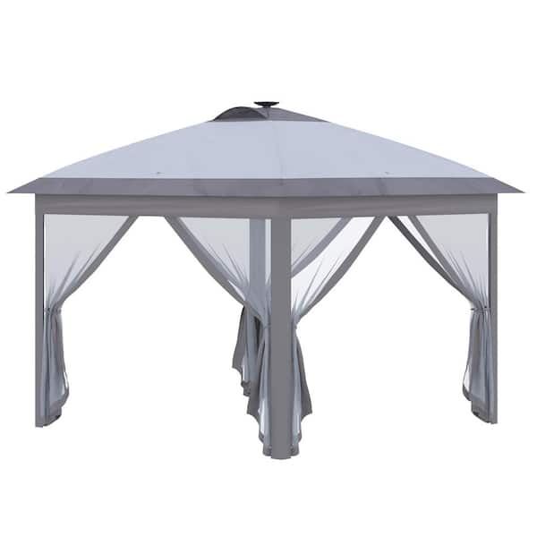 Tenleaf 11 ft. x 11 ft. Gray Pop Up Canopy Tent with Solar LED Lights Remote Control Zippered Mesh Sidewalls Carrying Bag