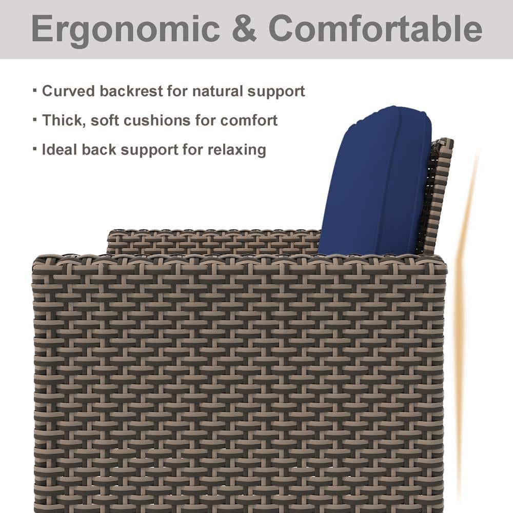 5-Piece Brown Wicker Patio Set with Blue Cushions