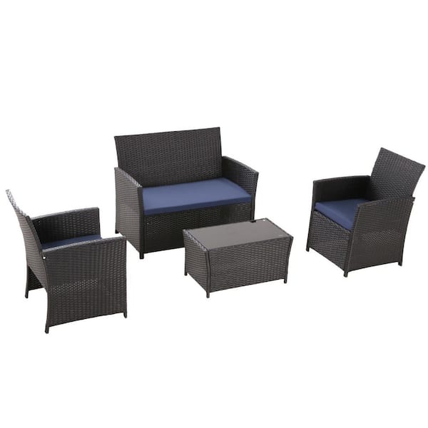 JUSKYS Black 4-Piece Outdoor Patio PE Wicker Conersation Furniture Set with Blue Cushions and Loveseat