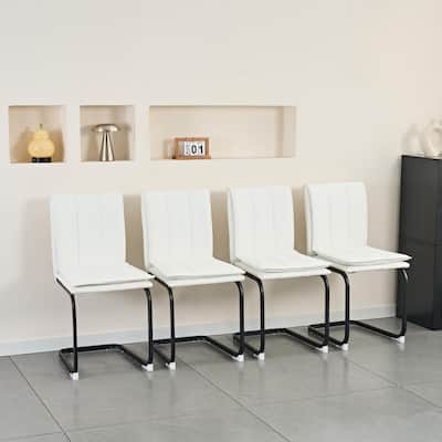 Set of 4 White PU Leather Dining Chairs with Black Metal Legs for Kitchen Living Room