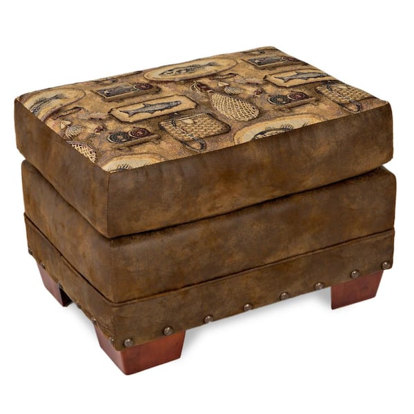 American Furniture Classics River Bend Fishing Cabin Tapestry Ottoman with Nail Head Accents
