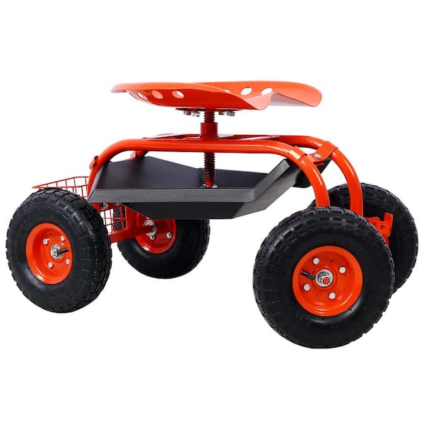 42.5 in. L Red Steel Rolling Garden Scooter Garden Cart Seat with Wheels and Tool Tray, 360 Swivel Seat