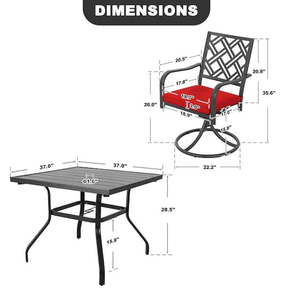 Black 5-Piece Metal Square Outdoor Dining Set with Umbrella Hole, 4 Swivel Chairs with Removable Cushions