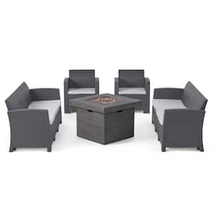 Jennings 5-Piece Faux Wicker Patio Fire Pit Conversation Set with Light Grey Cushions