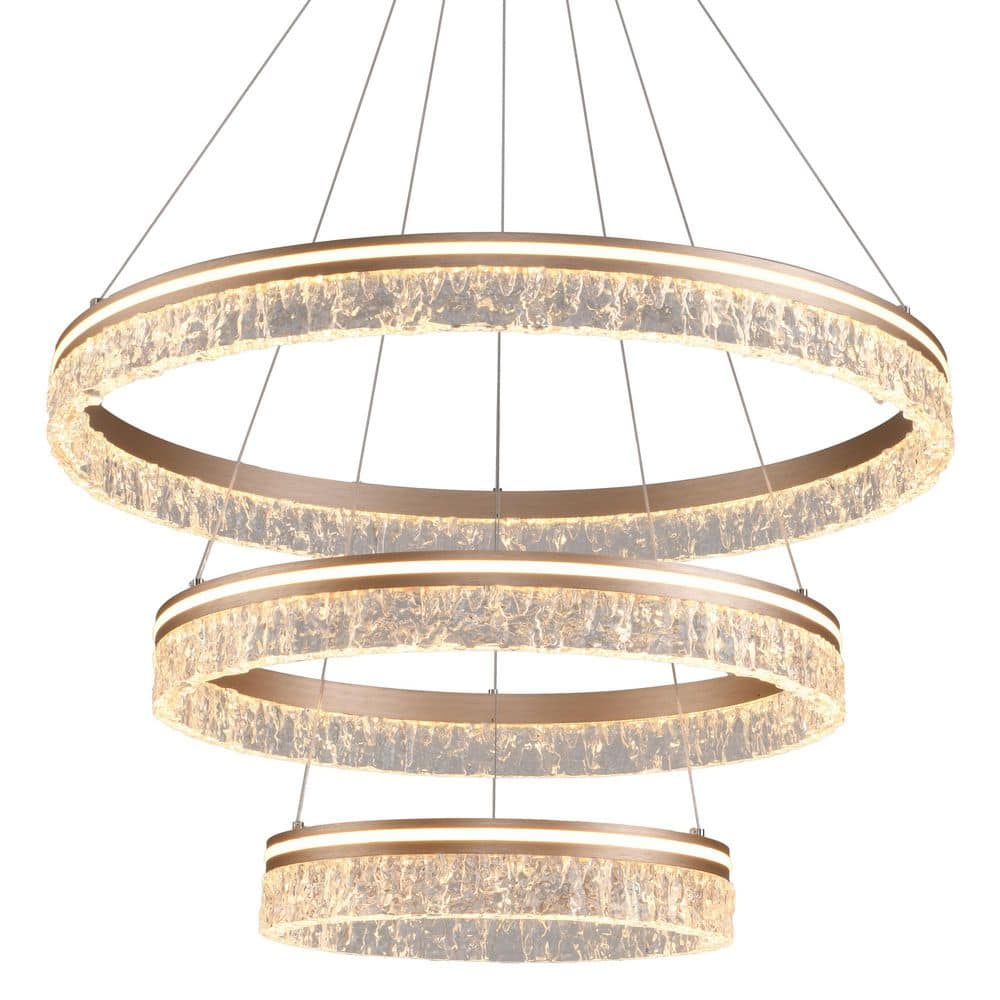 3 Lights Modern Integrated LED Chandelier Pendant Light, Gold Dimmable Chan