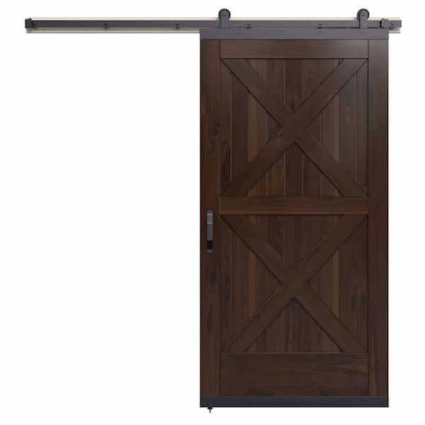 JELD-WEN 36 in. x 80 in. Karona Crossbuck Chocolate Stained Rustic Walnut Wood Sliding Barn Door with Hardware Kit