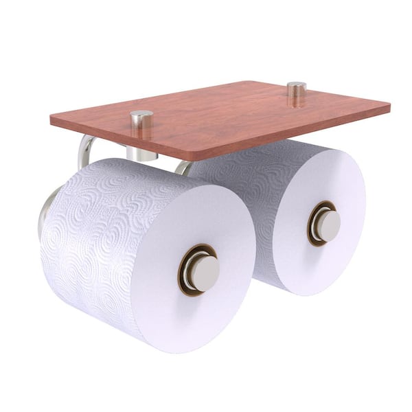 Allied Brass Prestige Skyline Collection 2 Roll Toilet Paper Holder with Wood Shelf in Satin Nickel