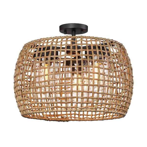 Golden Lighting Piper 3-Light Natural Black Outdoor Semi-Flush Mount Light with Maple All-Weather Wicker Shade