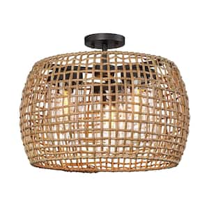 Piper 3-Light Natural Black Outdoor Semi-Flush Mount Light with Maple All-Weather Wicker Shade