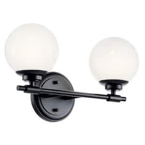 Benno 14.75 in. 2-Light Black Industrial Bathroom Vanity Light with Opal Glass