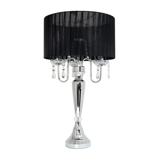 Elegant Designs 27 in. Trendy Romantic Black Sheer Shade Chrome Table Lamp with Hanging Crystals