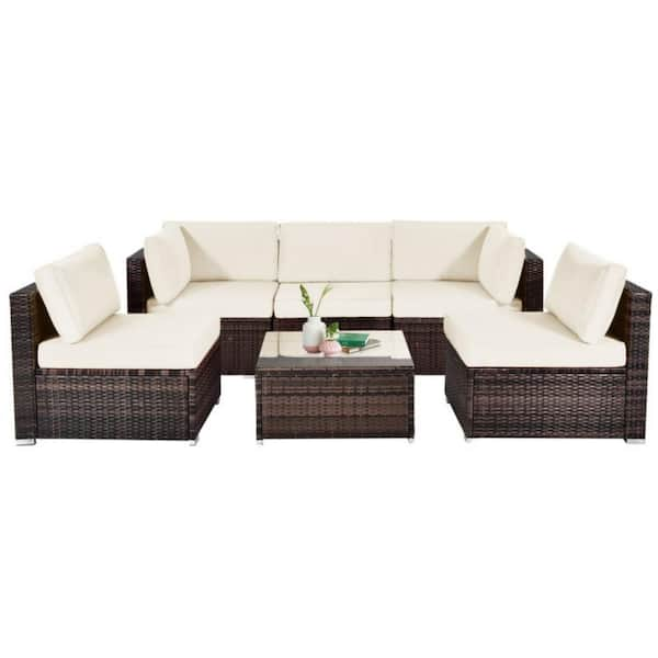 6-Piece Wicker Patio Conversation Set Outdoor Rattan Sofa Set with White Cushions for Garden