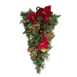 28 in. Unlit Pine with Red Balls Poinsettias Gold Pine Cones and Berries Christmas Teardrop Swag