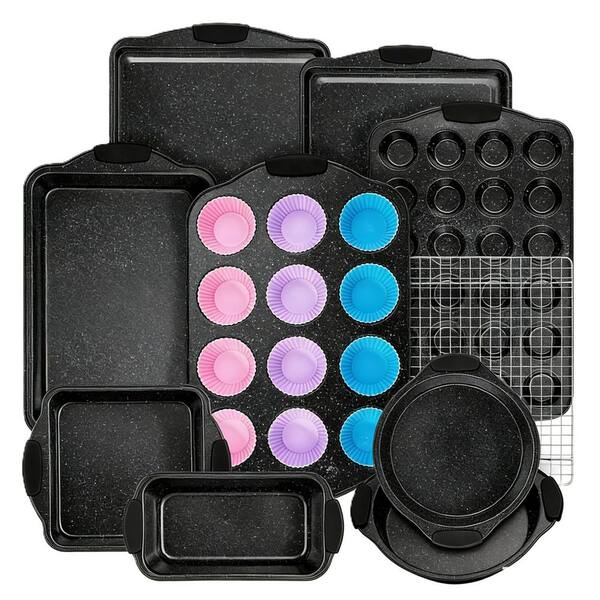 22-Piece Black Stackable Bakeware Sets with Silicone Handles, Nonstick Baking Pans Set, Oven Pan for Cooking