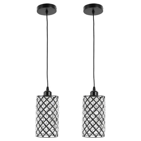 OUKANING 40-Watt 1-Light Black Modern Crystal Pendant Light with Crystal Shade and Adjustable Height, No Bulbs Included (2-Piece)