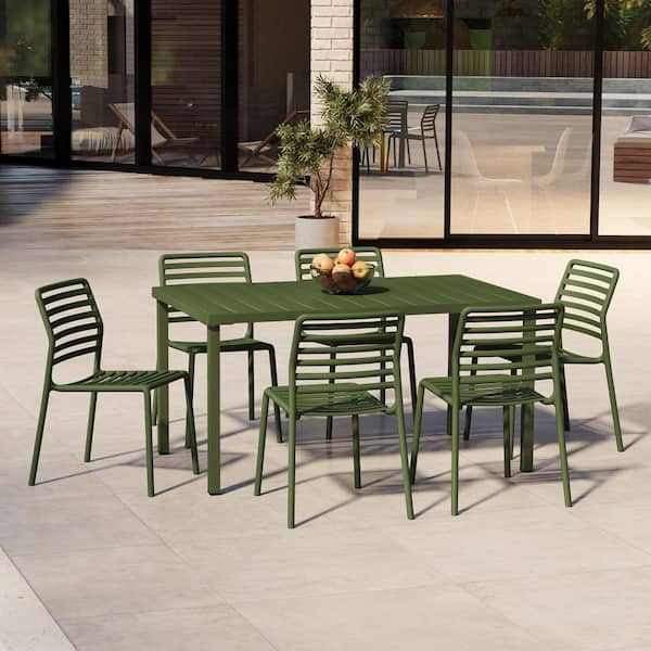 Frond and Form Outdoor Patio Modern 7-Piece Rectangular Steel Table, 6 Stackable Plastic Chairs Dining Set, Olive Green