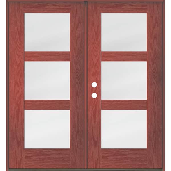 Krosswood Doors Modern 72 in. x 80 in. 3-Lite Right-Active/Inswing Satin Etched Glass Redwood Stain Double Fiberglass Prehung Front Door