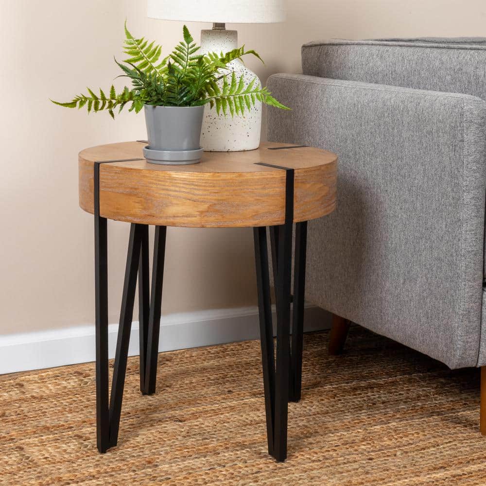 Natural Wood Round End Table with Black Metal Hairpin Legs