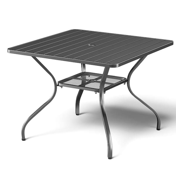 Komodo Black (37 in. Width) 4-Person Square Metal Outdoor Dining Table (28 in. Height) with Umbrella Hole and Storage