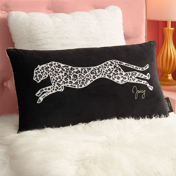 JUICY COUTURE Velvet Cheetah Black Animal Print Embroidered Polyester 14 in. x 24 in. Throw Pillow