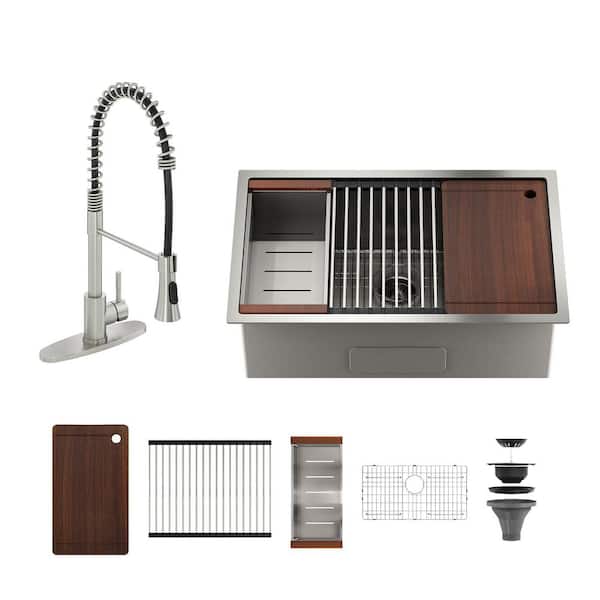 30 in. Undermount Single Bowl 18 Gauge Brushed Nickel Stainless Steel Kitchen Workstation Sink w/ Faucet and Accessories