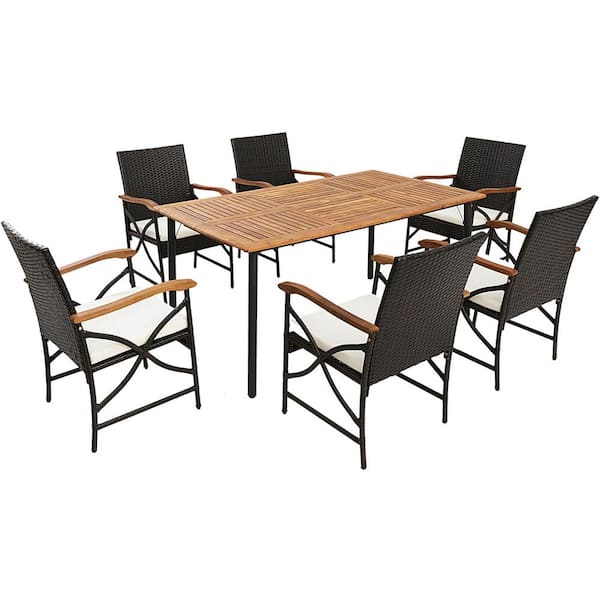 Costway 7-Pieces Wicker Outdoor Dining Set Armrests Table with Umbrella Hole and Off White Cushions
