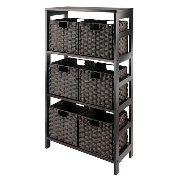 WINSOME WOOD Leo 42 in. Espresso 3-Tier Shelf Storage Bookcase with Baskets