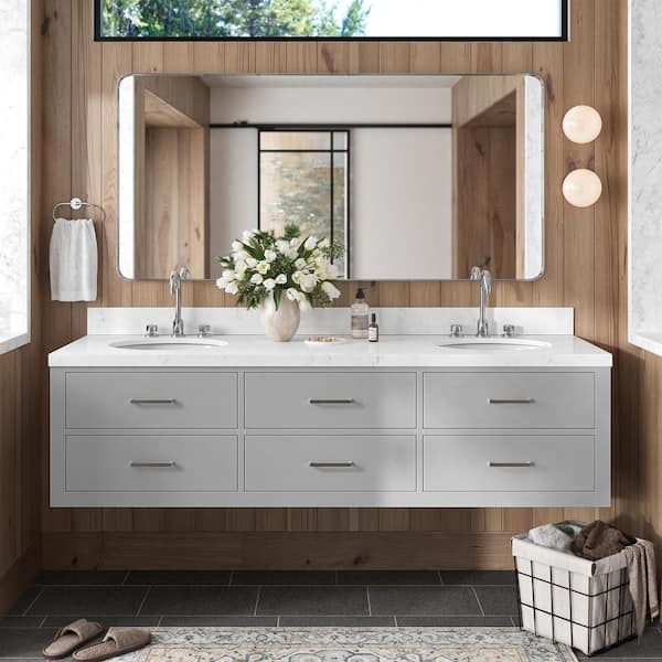 ARIEL Hutton 72.25 in. W x 22 in. D x 19.6 in. H Double Sink Freestanding Bath Vanity in Grey with Carrara White Quartz Top