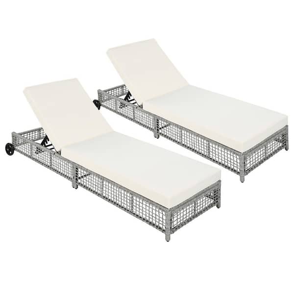 2-Piece Grey Metal Outdoor Chaise Lounge with Beige Cushions and 5-Position Backrest
