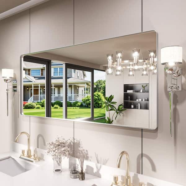 72 in. W x 32 in. H Rounded Rectangle Framed Wall Bathroom Vanity Mirror in Brushed Nichel