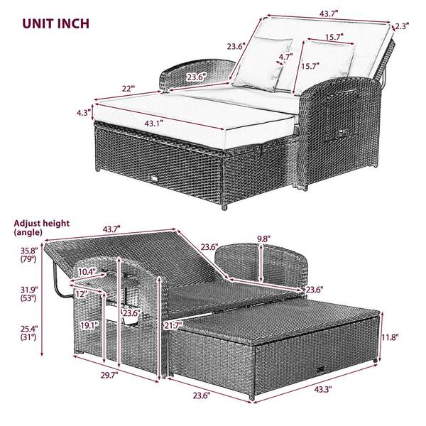 Double lying bed chaise lounge chair discount set garden rattan wicker outdoor love seat