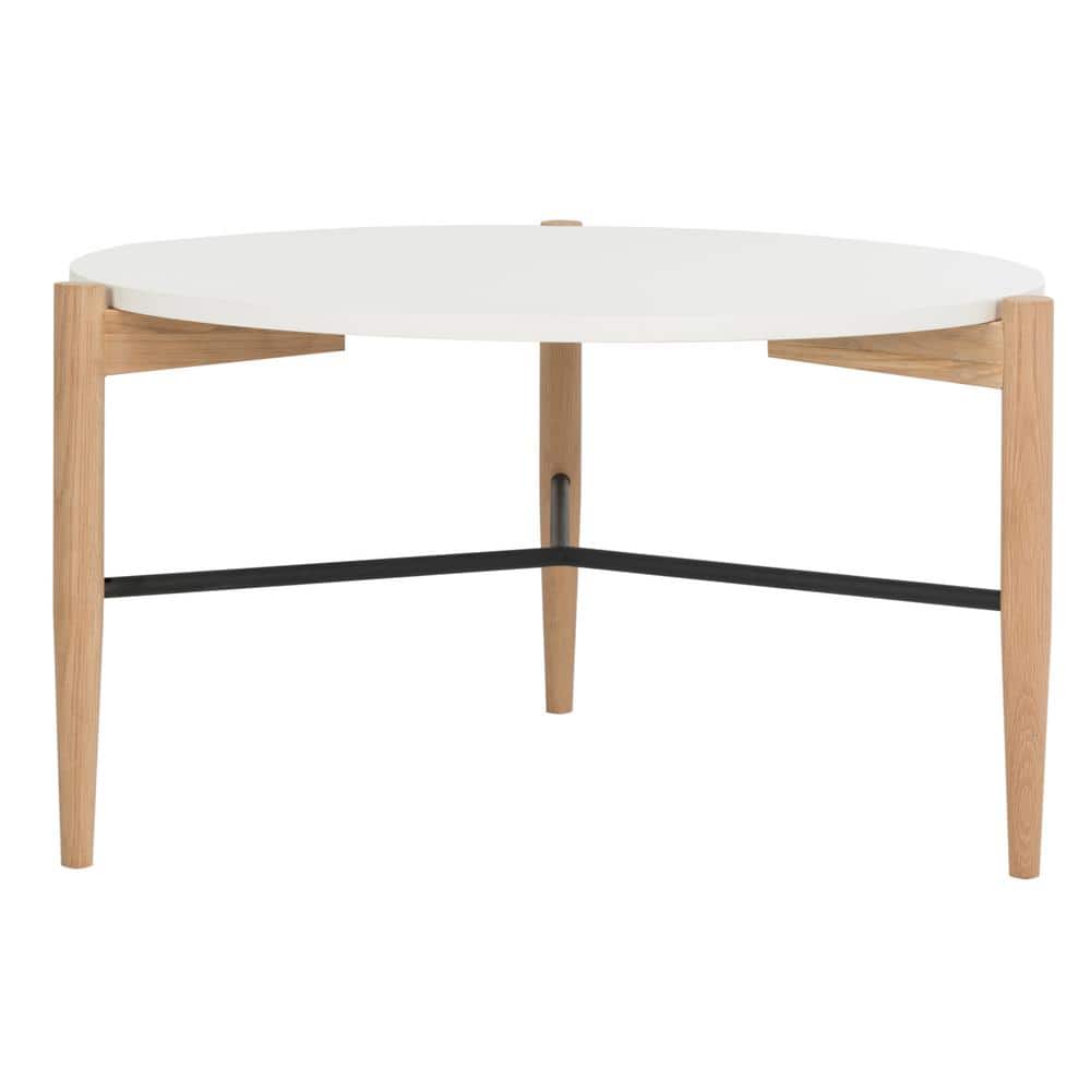 Thyme Round White and Oak Wood Cocktail Table with Metal Accents