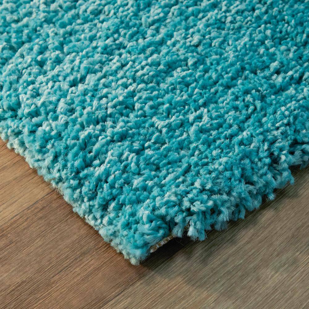 Teal and White Abstract Shag Area Rug, 5'3" x 7'