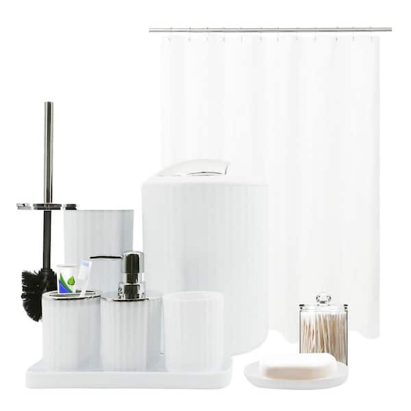 9-Piece White Bath Accessory Set with Trash Can, Vanity Tray, Soap Dispenser, Soap Dish, Toothbrush Holder, Toilet Brush