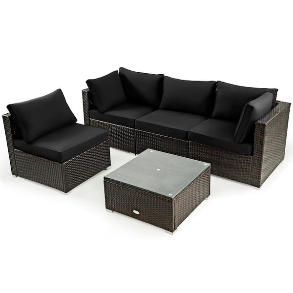Costway 5-Piece Wicker Patio Conversation Set with Black Cushions Sofa Chair Coffee Table