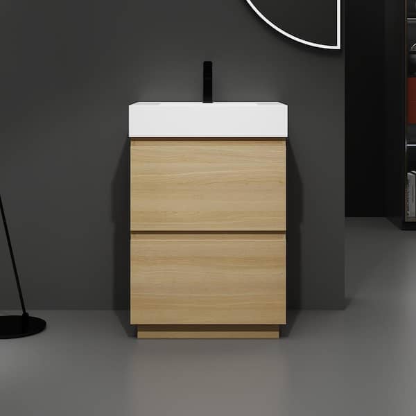 Staykiwi 24 in. W Single Sink Freestanding Bath Vanity in Oak with White Cultured Marble Top