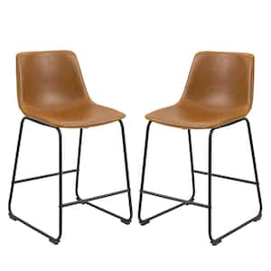 36.22 in.Brown PU Leather Metal Frame Counter Height Bar Stool with Low Back(Set of 2)
