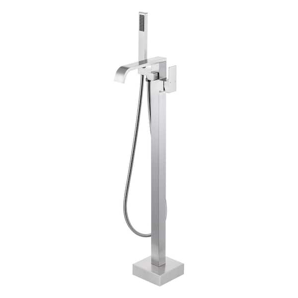 Single-Handle WaterFall Freestanding Tub Faucet with Handheld Shower in Brushed Nickel