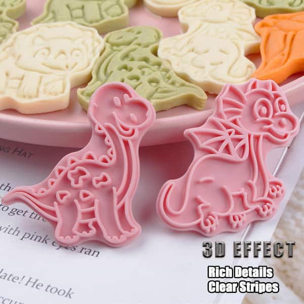 Dinosaur Series PP Plastic Multicolor Cookie Cutters Set with 3D Press Design for Baking Fondant Pastries 8 Pcs