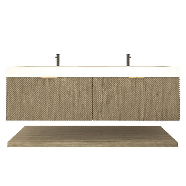 Stella 71 in. W x 20 in. D x 22 in. H Double Sink White Oak Bath Vanity with White Acrylic Top Floating Lower Shelf