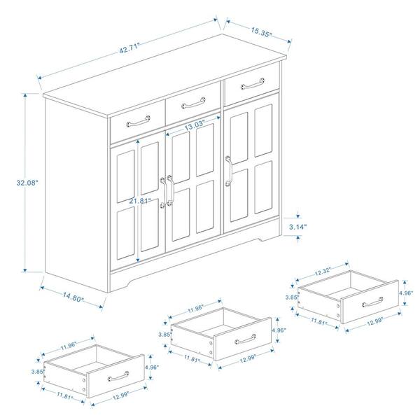 FUNKOL 42.72-in W x 15.35-in D x 32.09-in H in MDF Ready to Assemble Kitchen Cabinet in White with 3 Drawers and 3 Doors