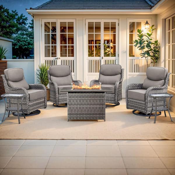 MoonLuxe Gray Wicker Fire Pit Conversation Set with Gray Olefin 6 in. Thick Cushions Patio Swivel Chairs (7-Piece)