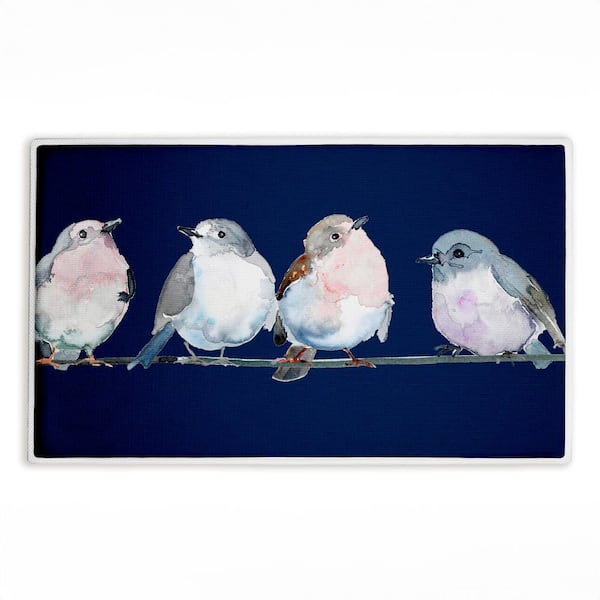 Perched Foursome of Birds 18 in. x 30 in. Blue Graphic Polyester Blend Rectangle Bath Mat