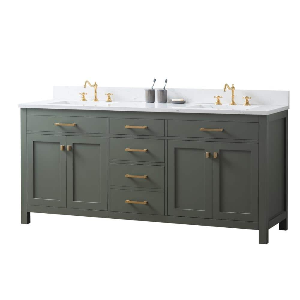 Vintage Green Double Vanity with Carrara White Top and Brushed Bronze Hardware