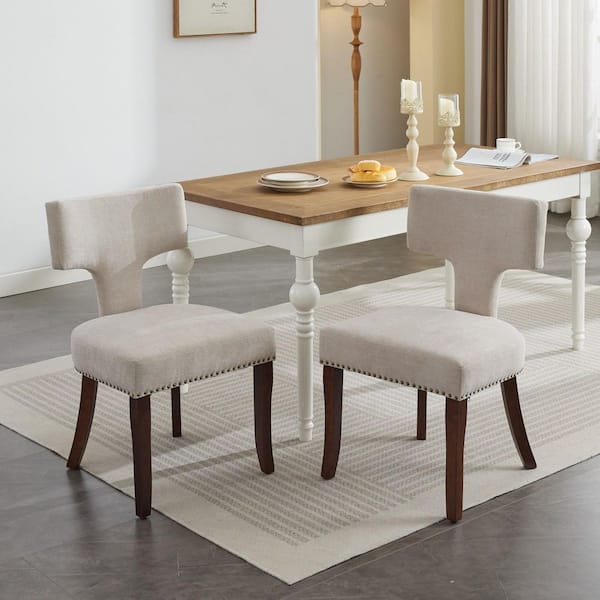 Beige Modern Dining Chairs Set of 2, Upholstered Accent Chairs with Curved Backrest & Copper Nails, Solid Hardwood Frame