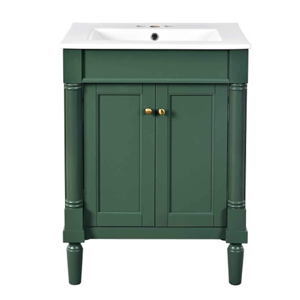 24 in. Green Bath Vanity with White Ceramic Top Sink, 2-Tier Single Sink Mo