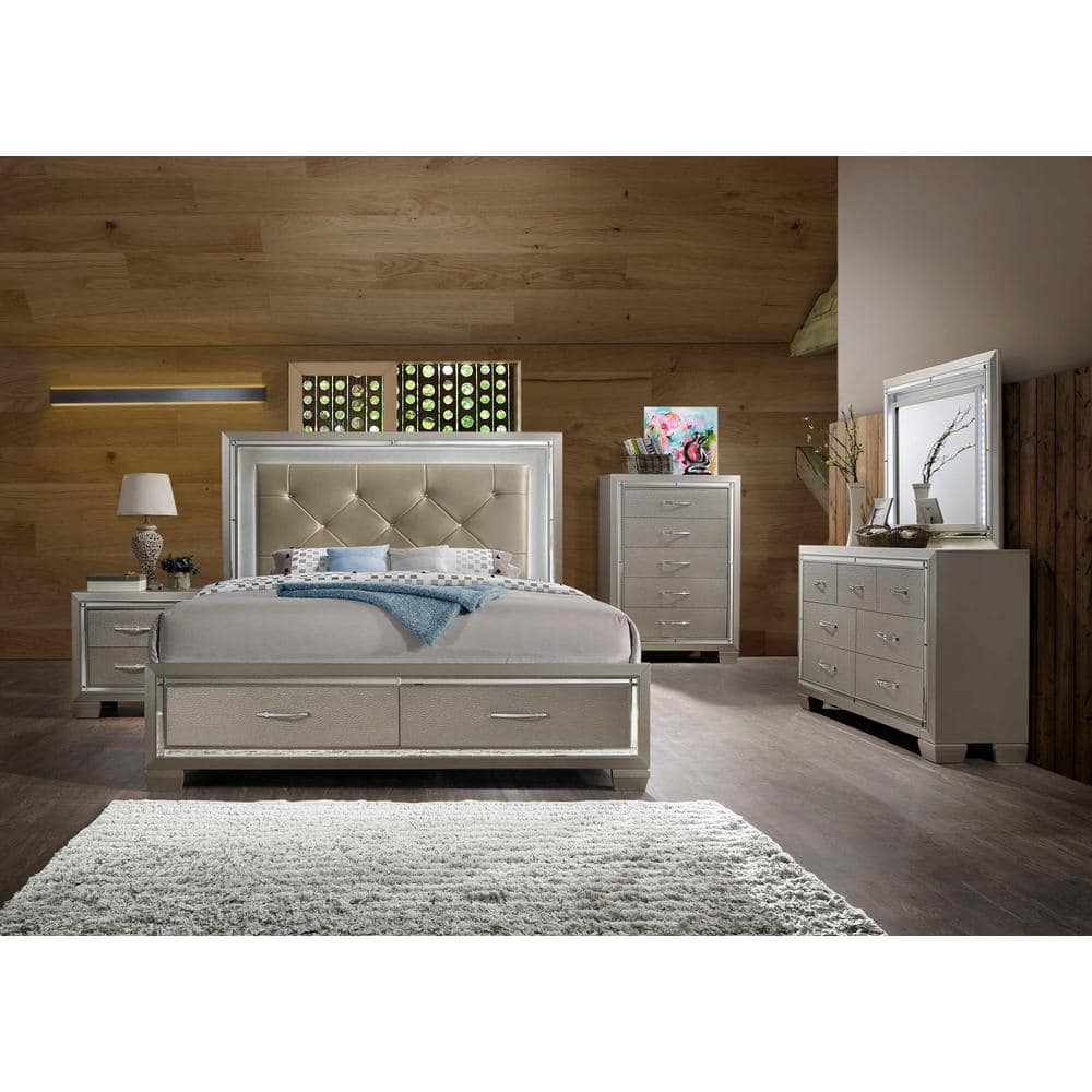 Platinum Gray Glam 5-Drawer Chest with Mirror Trim