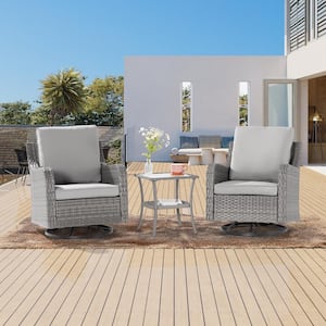 3-Piece Gray Wicker Patio Swivel Rocking Chairs with Side Table Linen Grey Cushion