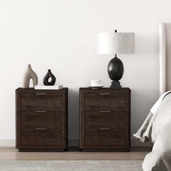 Evelyn Modern Brown 3-Drawer 20 in. W Nightstand (Set of 2)
