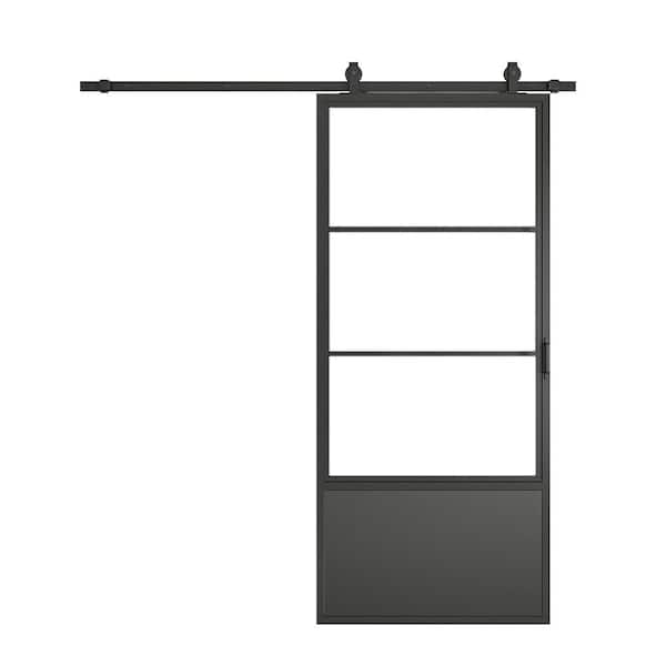 CALHOME 37 in. x 84 in. 3/4 Lites Clear Glass Black Steel Frame Interior Barn Door with Sliding Hardware Kit and Door Handle